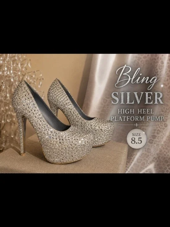 Bling Silver High Heel Platform Pump 8 5