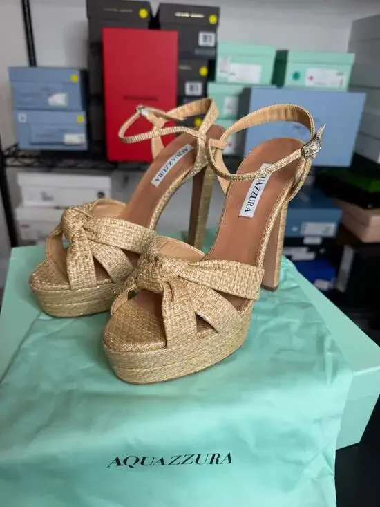 Aquazzura Nina Plateau 130 Natural  Raffia Platform Sandals EU 39 MSRP $1,300