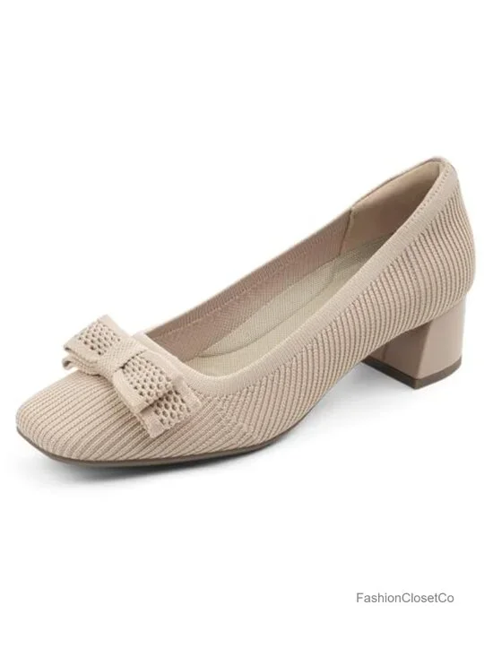 Women's Chunky Block Heel Pumps Square Toe Bow Slip-On Knit Comfort Dress Shoes