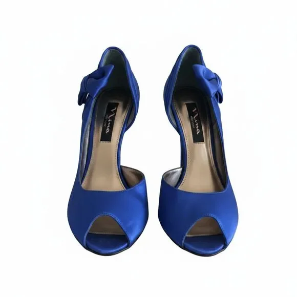 Nina New York Blue Satin Peep Toe Wedge Heels Bow Women’s 7M Formal