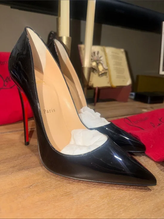 Authentic Christian Louboutin Black Patent Pointed-Toe Stiletto Pumps