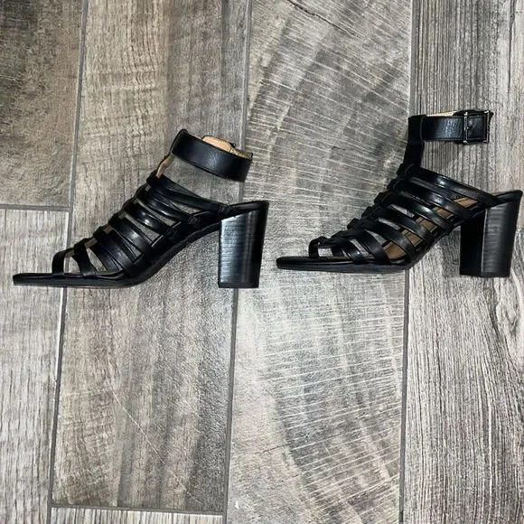 Vionic black Sami  leather ankle strap caged 3.5” block sturdy heels