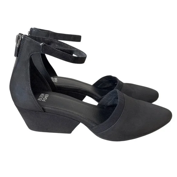 Eileen Fisher Black Hutton Leather Ankle Strap Pointed Toe‎ Block Heel Pumps 9
