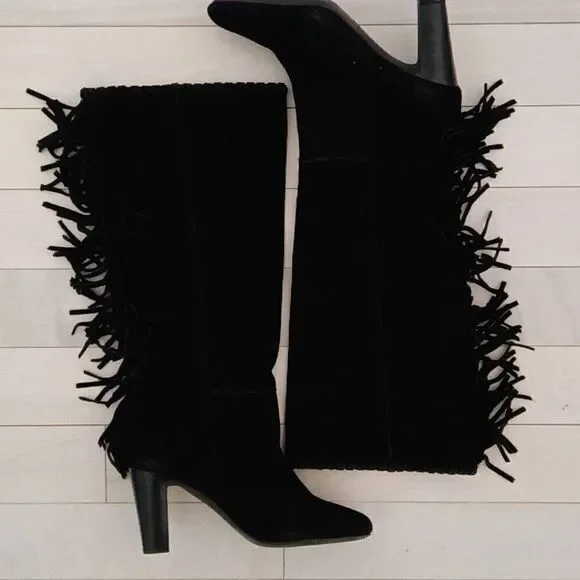 Cosmopolitan Women's Black Suede Wide Calf Fringe Stacked Heel Boots Size 8.5