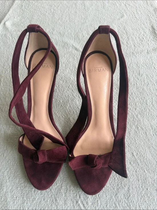 Alexandre Birman Burgundy Suede Knotted Open-Toe Ankle-Tie Heels