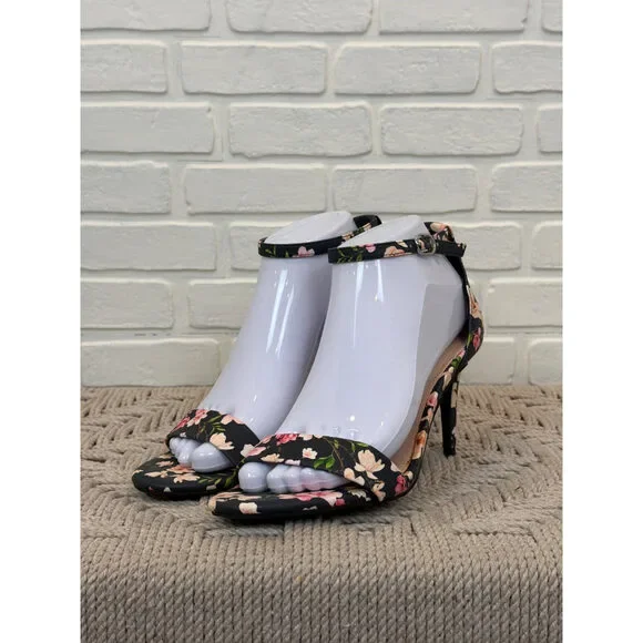 Kelly & Katie Kirstie Floral Ankle Strap Heels Black Size 7.5