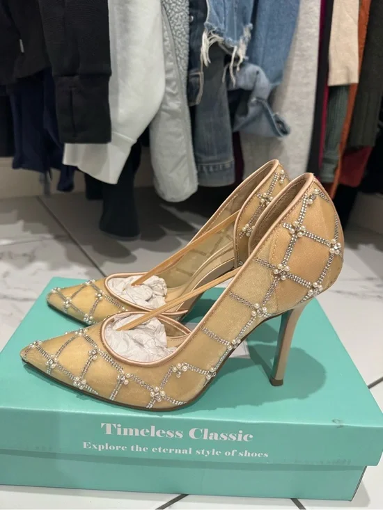 Betsey Johnson Champagne Beaded Pointed-Toe Stilettos