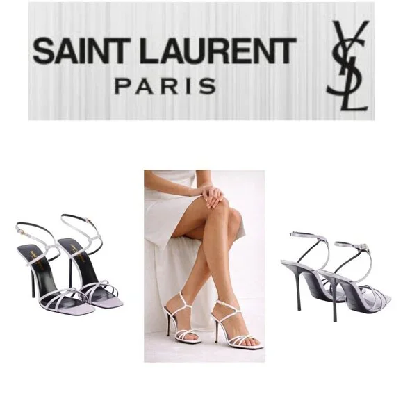 Saint Laurent Paris Satin Strappy Heels Light Lavender Black 36.5 EU