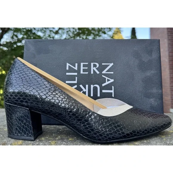 Naturalizer Mali Black Snake Leather Pointed Toe Block Heel Pumps Women's 11M