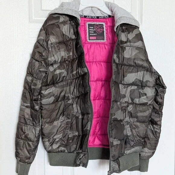 Justice Girls (Size 8)Camouflage Puffer Jacket w/Jersey Hood & Full Zipper Front