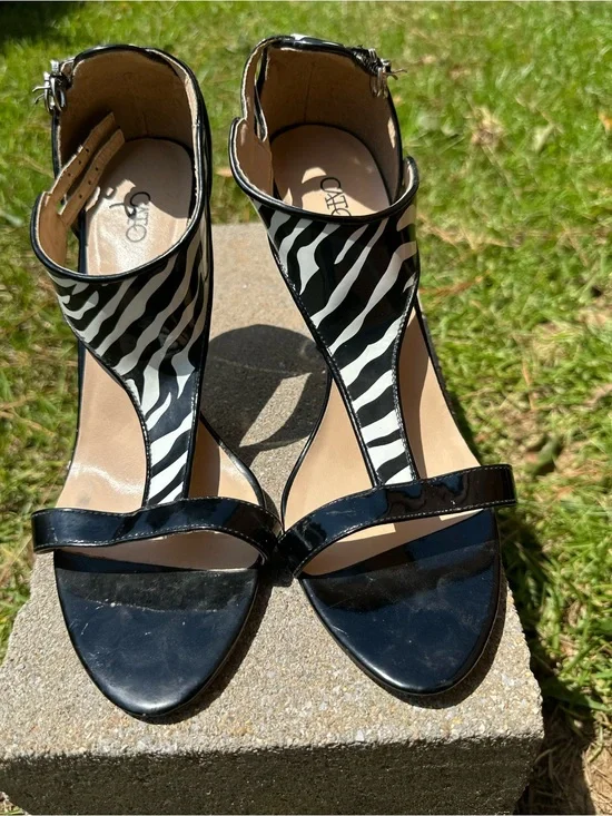 Cato Black and White Zebra-Print T-Strap Heels