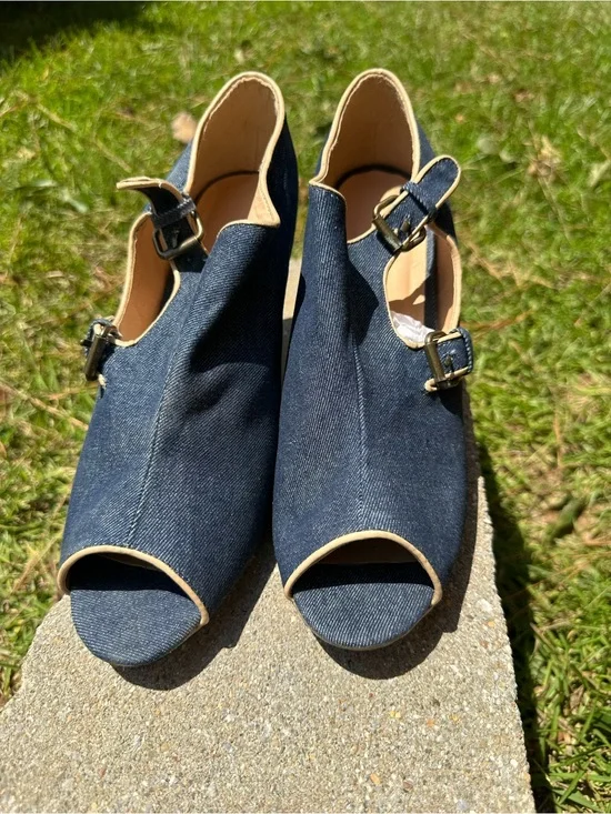 Avon Denim Peep-Toe Slingback Heels - Navy with Tan Trim