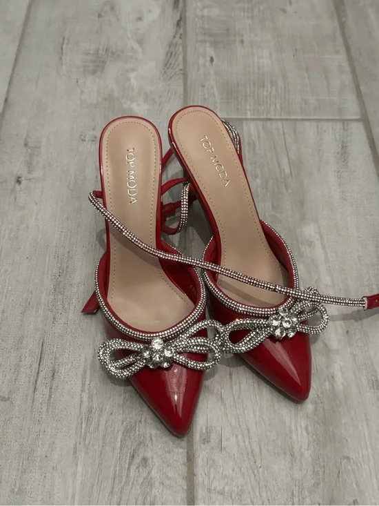 TOP Moda Red Patent Pointed Toe Slingback Heels with Crystal Bow