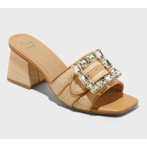 A New Day Kathleen Raffia Buckle Block Heels 7.5