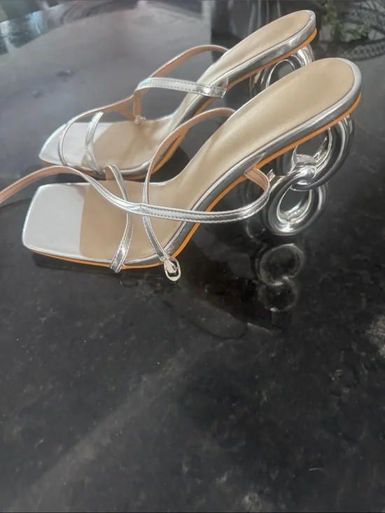 Silver Sculptural-Strap Heeled Sandals