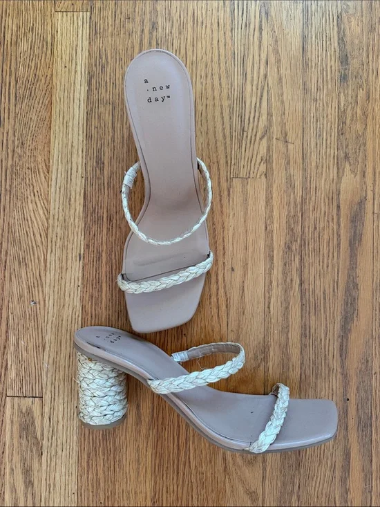 a new day Braided-Strap Neutral Block Heel Sandals size 9.5, raffia, minimal 👀