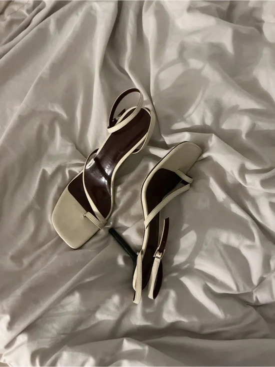 STAUD Cream Strappy Square-Toe Slingback Heels