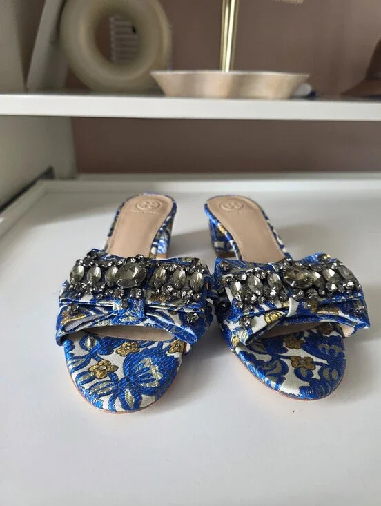 Tory Burch Valentina Bow 45mm Slide Sandal Metallic Floral Brocade NWT