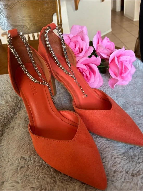 Women's Pointed Toe Slingback Heels with Rhinestone Chain - Orange