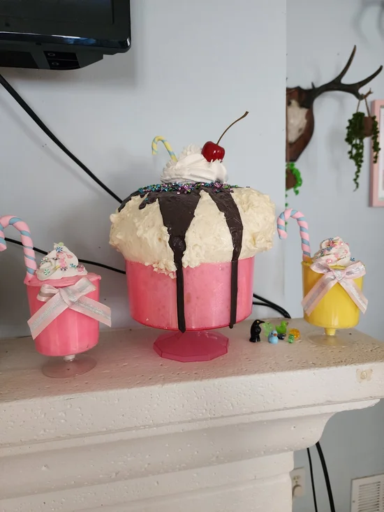 Pink Ice Cream Sundae Cake Topper with Cherry Accent