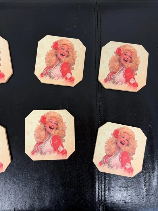 Dolly Parton Retro Blonde Cowgirl Cocktail Coasters - Pink & Cream