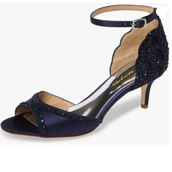 XYD Navy Peep Toe D'Orsay Embellished Kitten Heels With Ankle Strap