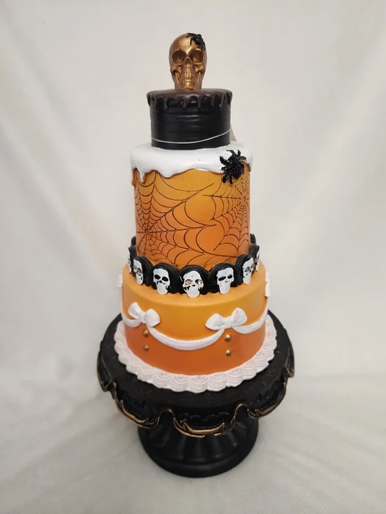 Halloween Skull Tiered Cake Decoration - Orange & Black