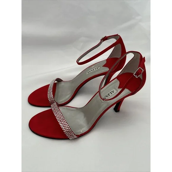 Alfani Ashton Red High-Heels with Rhinestones Ankle Strap 10M Shoes 3 1/2” Heel