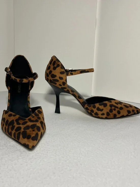Marc Fisher Women's 7.5M Brown Haben Pump, Leopard Pointy Toe Tapered Heel Adjus