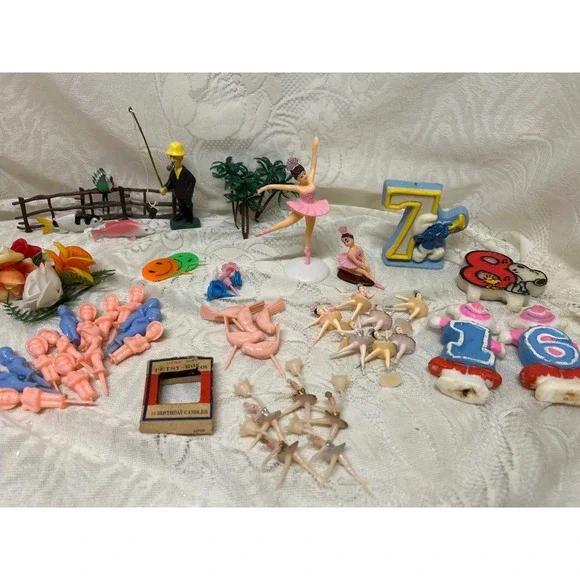 Vintage Cake Toppers and Candles Lot 40+ Ballerina Fishing Birthday Party‎ Decor