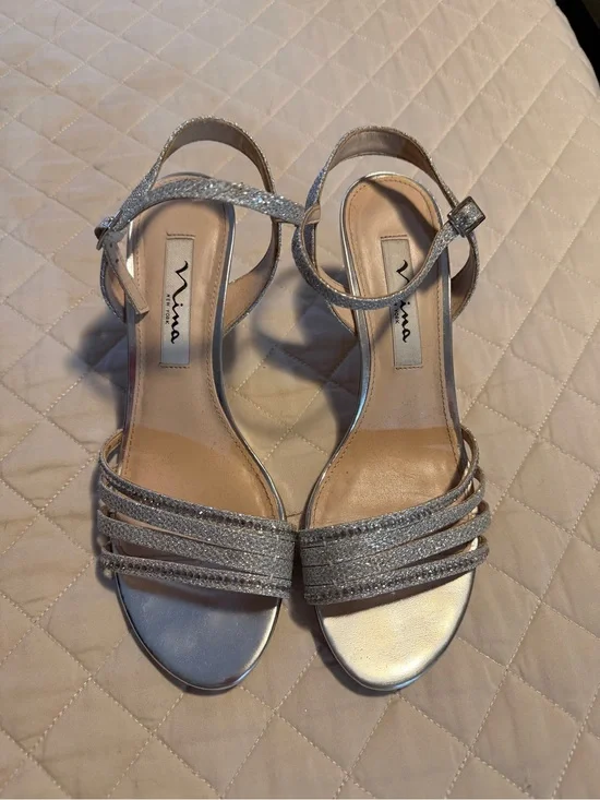 Nina Silver Glitter Strappy Ankle Strap Heels