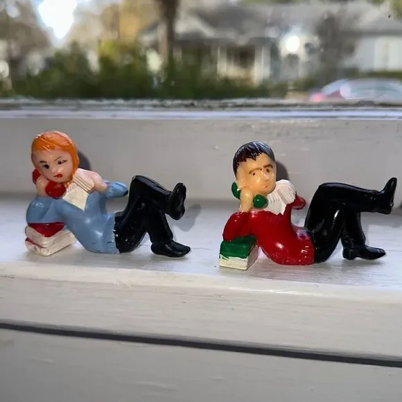 Two Vtg mid century hard plastic male figures talking on the‎ phone cake toppers