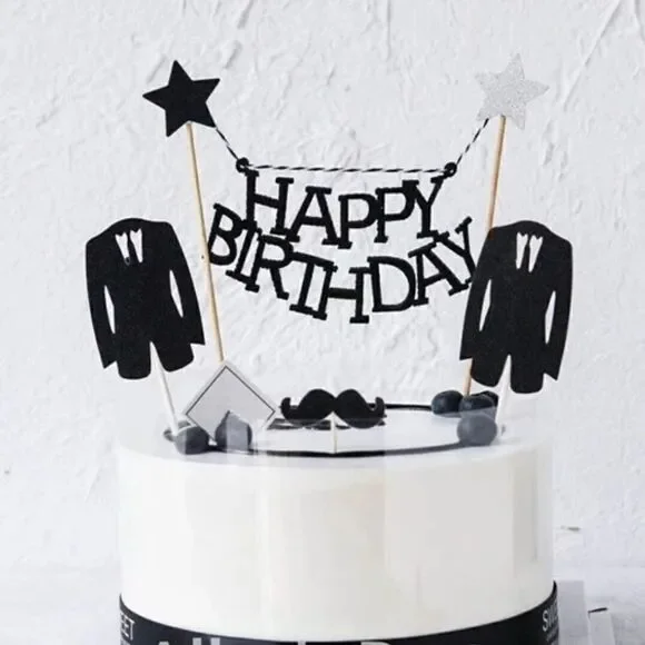 HAPPY Birthday Black & White Stars Cake Topper NWT