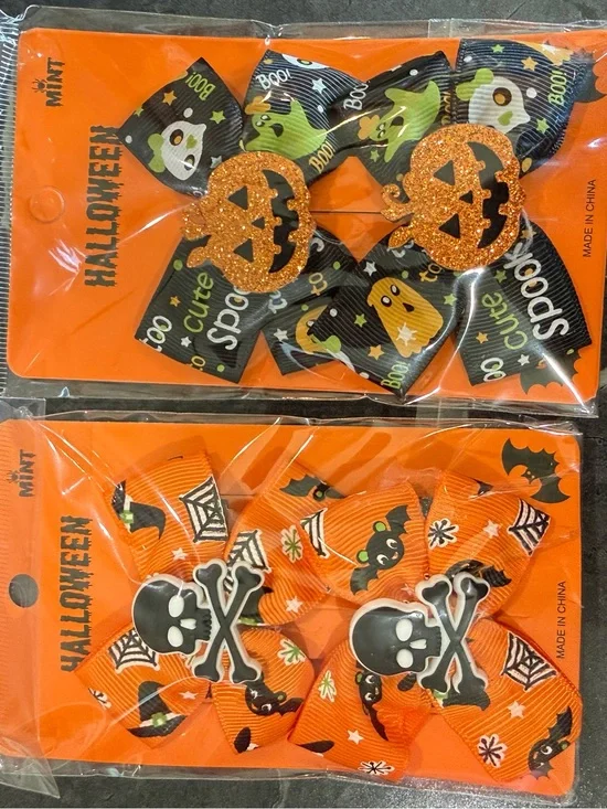 Halloween Pumpkin and Skull Hair Bows - Orange Glitter & Black Accent