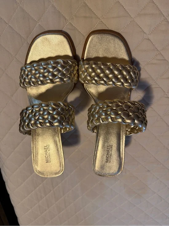 Michael Kors Metallic Gold Braided Double-Strap Slide Sandals