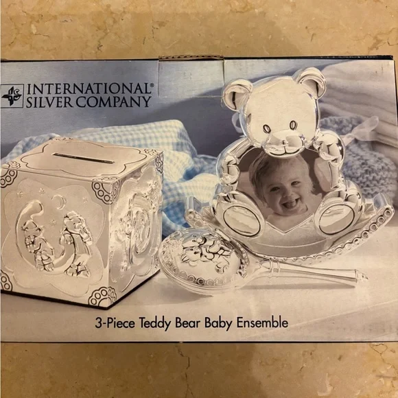 3-Piece Teddy Bear Baby Gift Set - Silver Finish