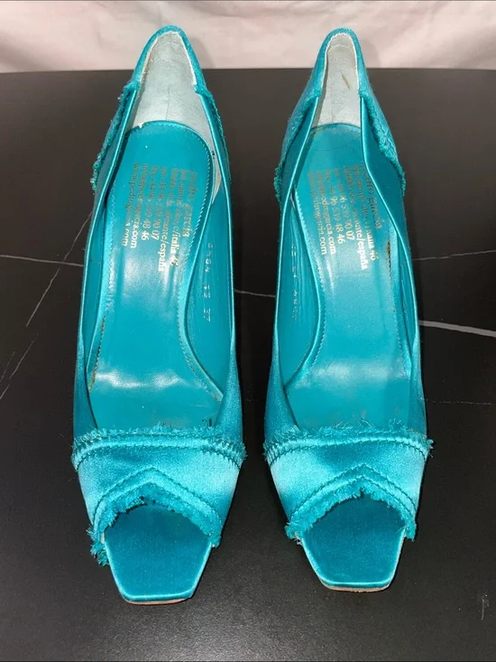 PEDRO GARCIA TEAL SATIN FRAYED PEEP TOE HEELS FTL-08-201