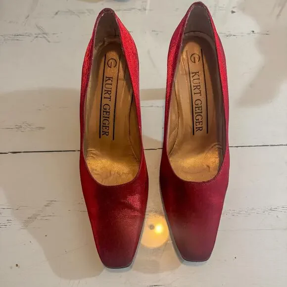 Kurt Geiger Red Shimmer Square Toe Block Heel Pumps Metallic Holiday Party 9.5