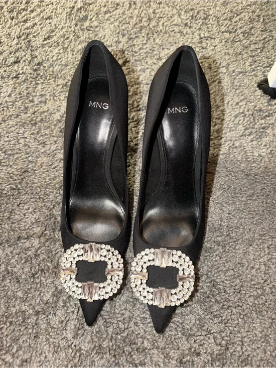 Mango Black Pointed Toe Pumps with Crystal Buckle