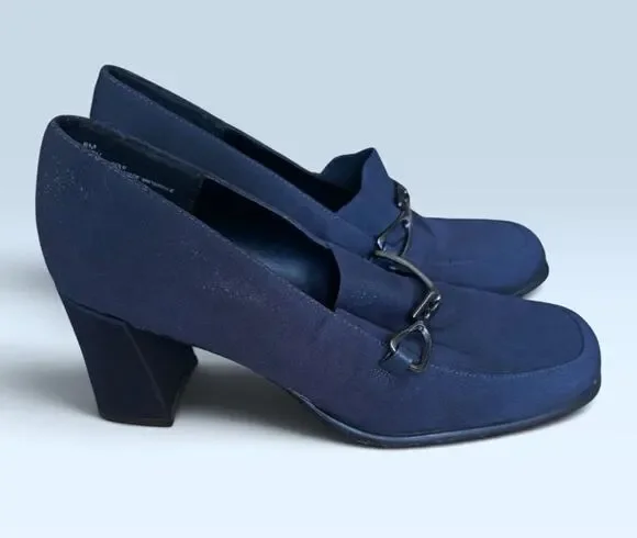 Jennifer Moore Blue Square Toe Loafer Mules Silver Bar Block Heel Size 8