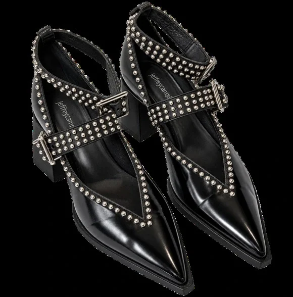 Jeffrey Campbell Black Leather Studded Double Buckle Pointed Toe Mary Jane Pumps
