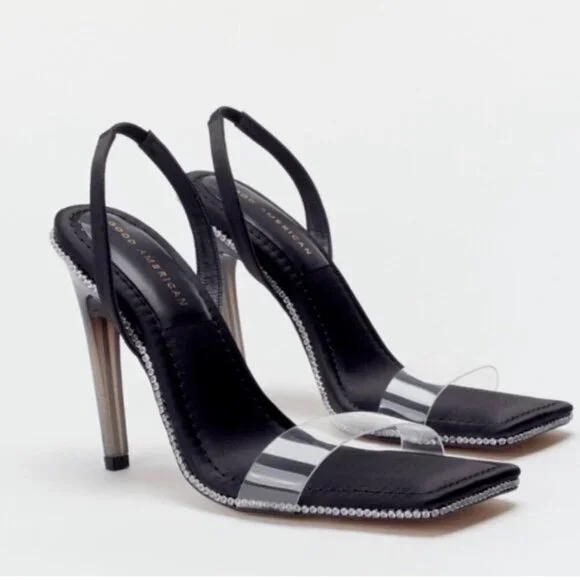 Good American Women's 7 Crystal Crush Lucite Satin Rhinestone Stilletto Heels