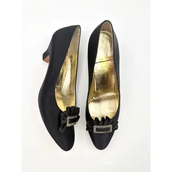 Salvatore Ferragamo 7.5 N 7.2 AA Black Satin Jewel Buckle Kitten Heels VTG READ