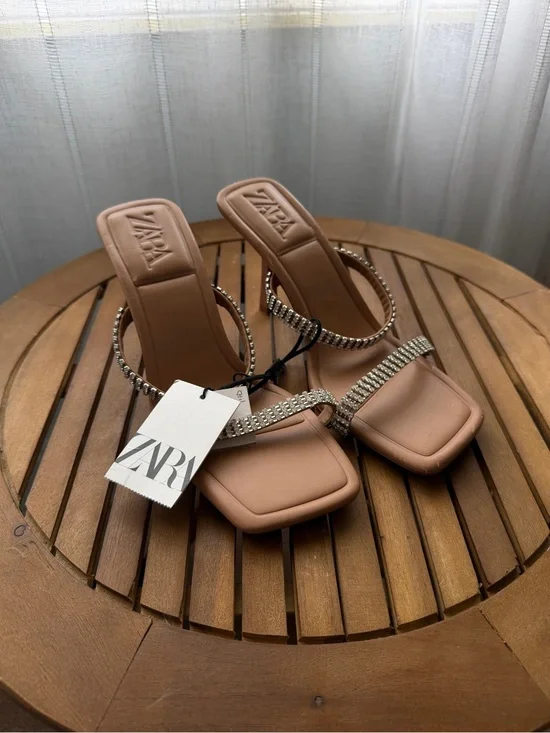 ZARA Tan  Rhinestone-Strap Square Toe Heels Women's Size 8