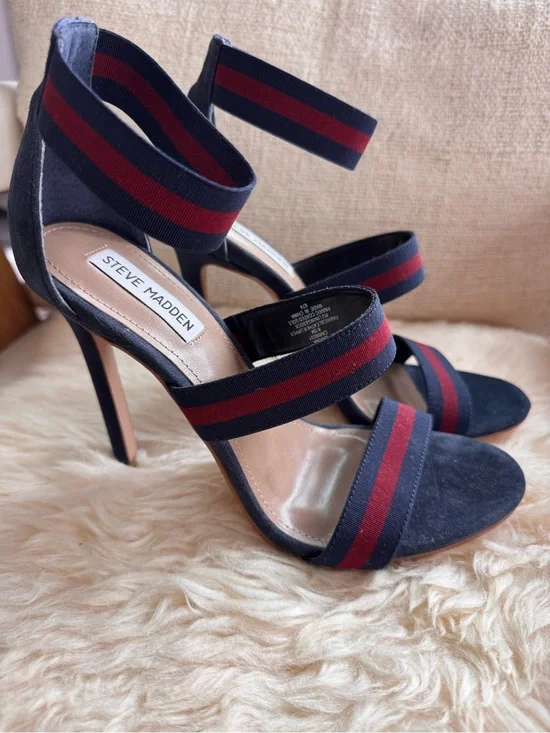 Steve Madden Navy & Red Striped Elastic Strap High Heel Sandals