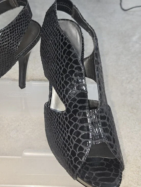 Moda International Black Textured Peep-Toe Slingback Heels