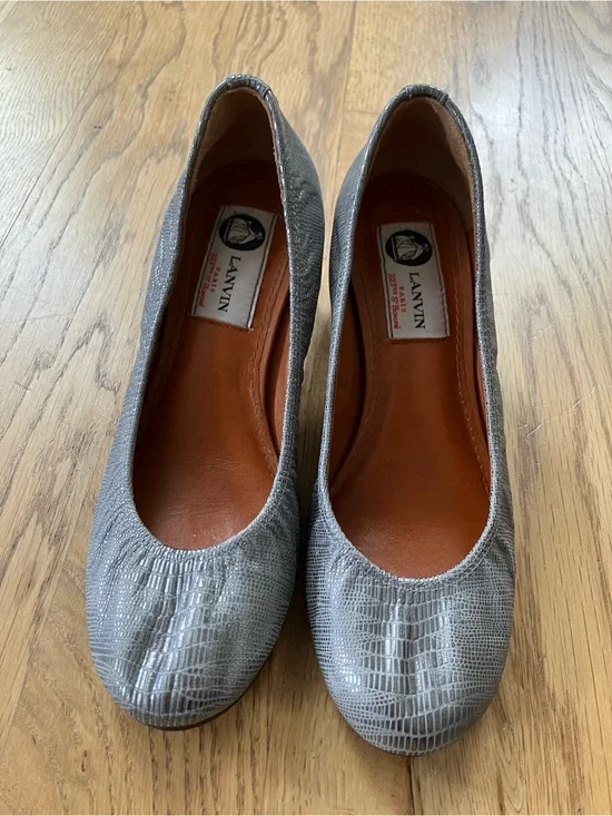 Lanvin Silver Croc-Embossed Ballet Pumps