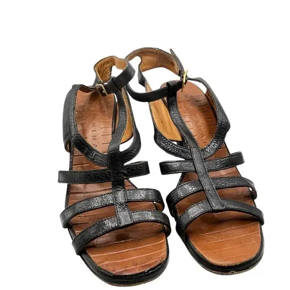 Chie Mihara Sandals Heels Women Size 36 US 6 Black Leather T-Strap Ankle Strap