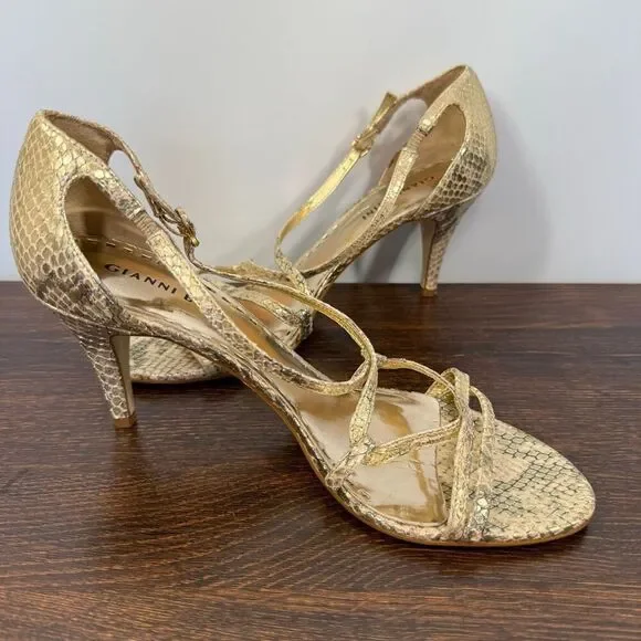 Gianni Bini Women’s gold leather snake Print 3” straps heel Sphere size 8.5