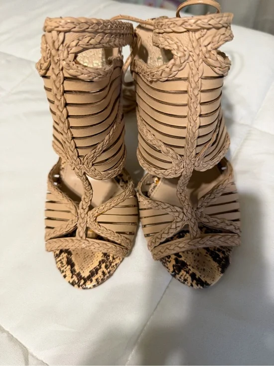 Vince Camuto Tan Braided Strappy High Heel Sandals with Snakeskin Toe